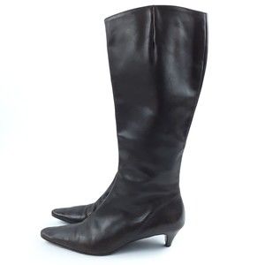 JCrew Womens 9.5 Knee High 17" Kitten Heel Boots Leather Brown Pointed Toe Shoes